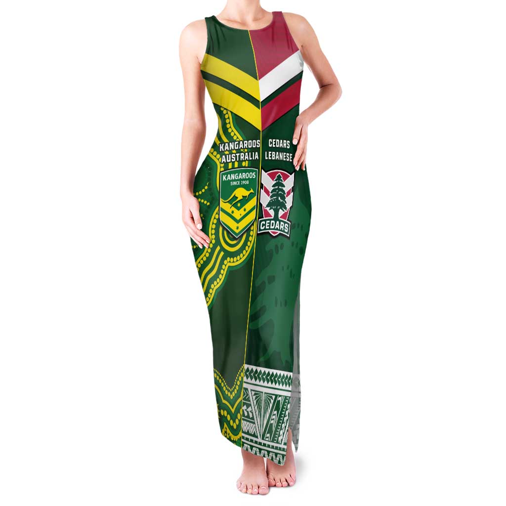 Custom Lebanon And Australia Rugby Family Matching Tank Maxi Dress and Hawaiian Shirt Aussie Kangaroos Lebanese Cedars