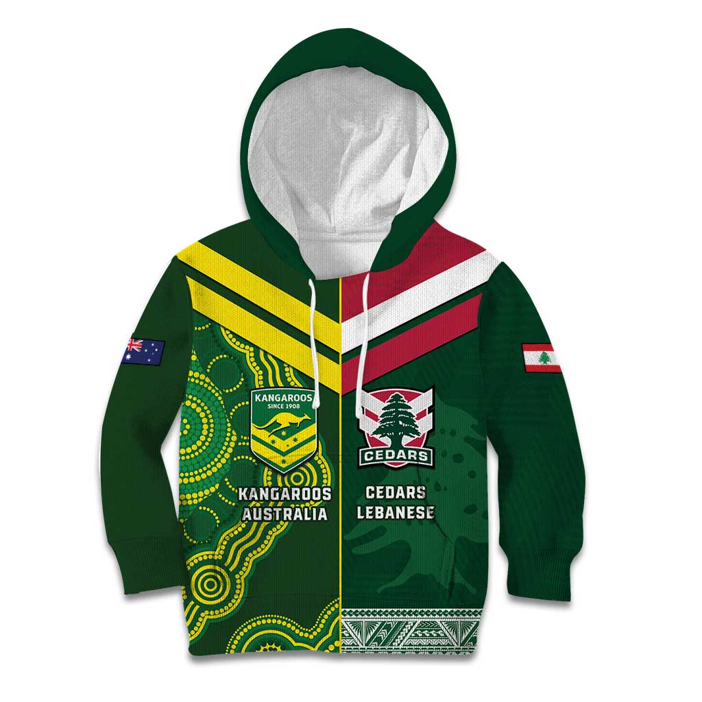 Custom Lebanon And Australia Rugby Kid Hoodie Aussie Kangaroos Lebanese Cedars