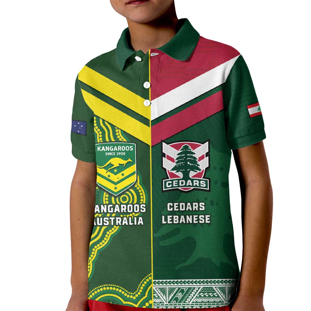 Custom Lebanon And Australia Rugby Kid Polo Shirt Aussie Kangaroos Lebanese Cedars