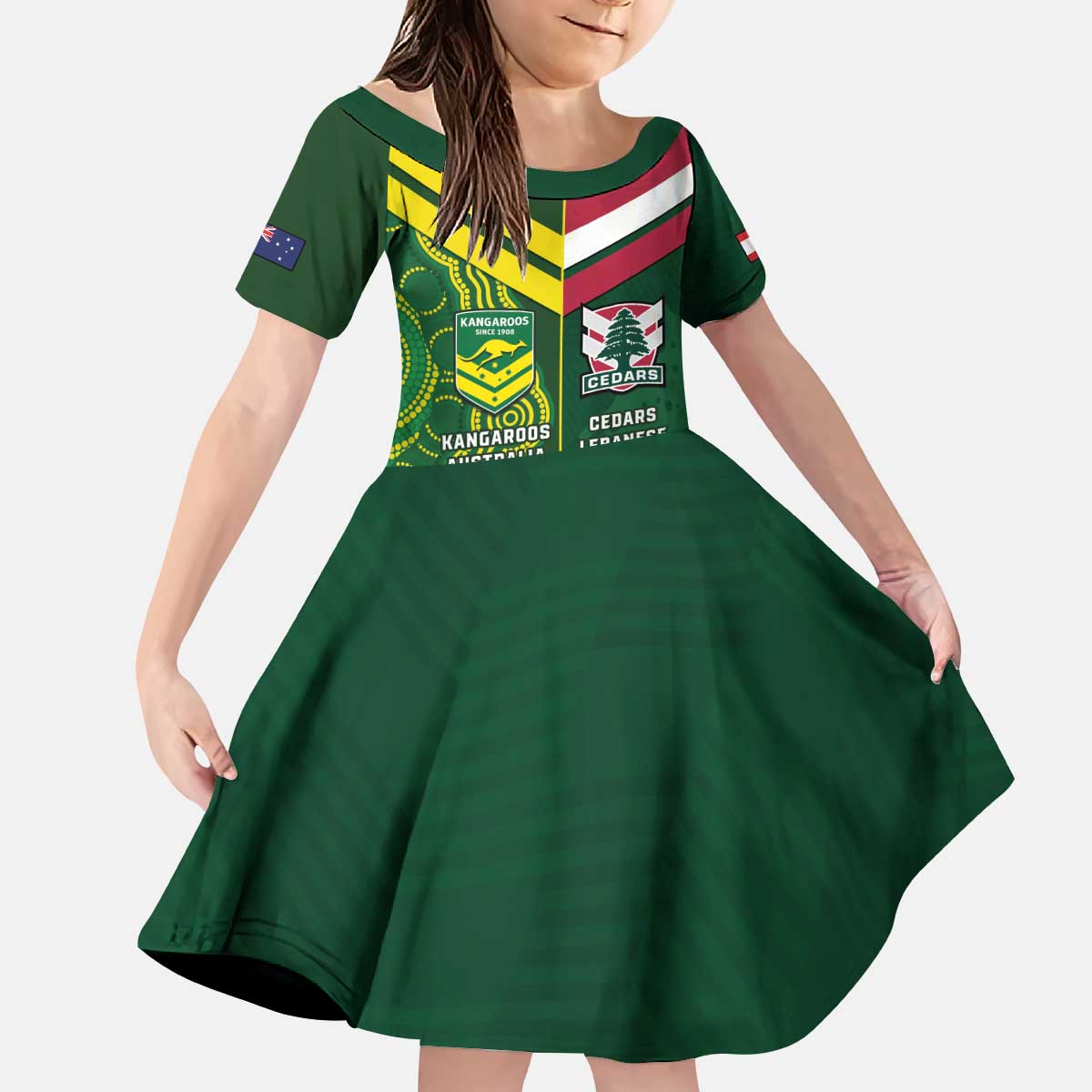 Custom Lebanon And Australia Rugby Kid Short Sleeve Dress Aussie Kangaroos Lebanese Cedars