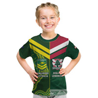 Custom Lebanon And Australia Rugby Kid T Shirt Aussie Kangaroos Lebanese Cedars
