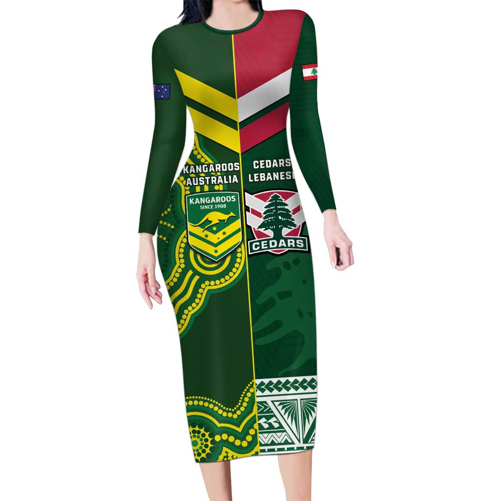 Custom Lebanon And Australia Rugby Long Sleeve Bodycon Dress Aussie Kangaroos Lebanese Cedars