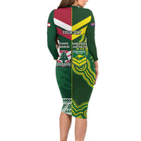 Custom Lebanon And Australia Rugby Long Sleeve Bodycon Dress Aussie Kangaroos Lebanese Cedars