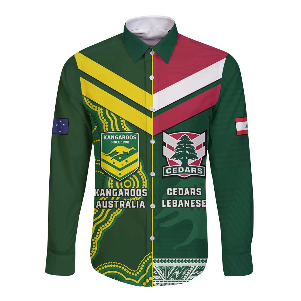 Custom Lebanon And Australia Rugby Long Sleeve Button Shirt Aussie Kangaroos Lebanese Cedars