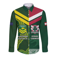 Custom Lebanon And Australia Rugby Long Sleeve Button Shirt Aussie Kangaroos Lebanese Cedars