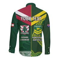 Custom Lebanon And Australia Rugby Long Sleeve Button Shirt Aussie Kangaroos Lebanese Cedars