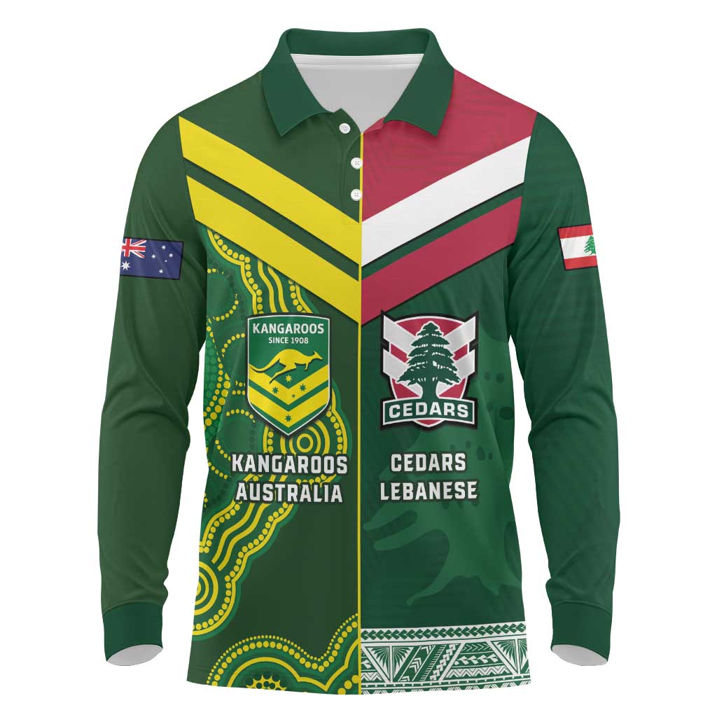 Custom Lebanon And Australia Rugby Long Sleeve Polo Shirt Aussie Kangaroos Lebanese Cedars