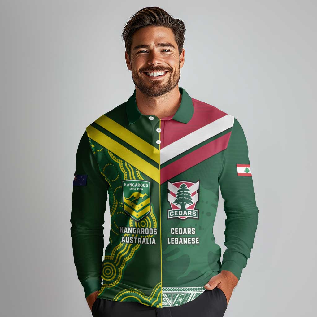 Custom Lebanon And Australia Rugby Long Sleeve Polo Shirt Aussie Kangaroos Lebanese Cedars