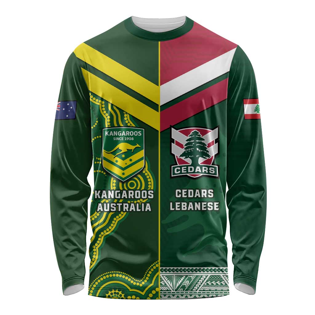 Custom Lebanon And Australia Rugby Long Sleeve Shirt Aussie Kangaroos Lebanese Cedars