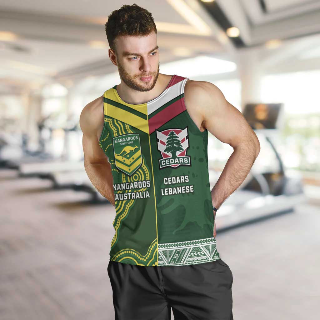 Custom Lebanon And Australia Rugby Men Tank Top Aussie Kangaroos Lebanese Cedars