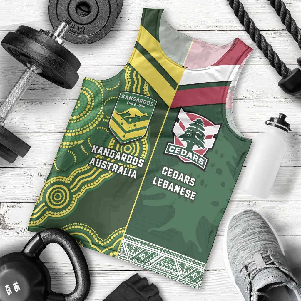 Custom Lebanon And Australia Rugby Men Tank Top Aussie Kangaroos Lebanese Cedars