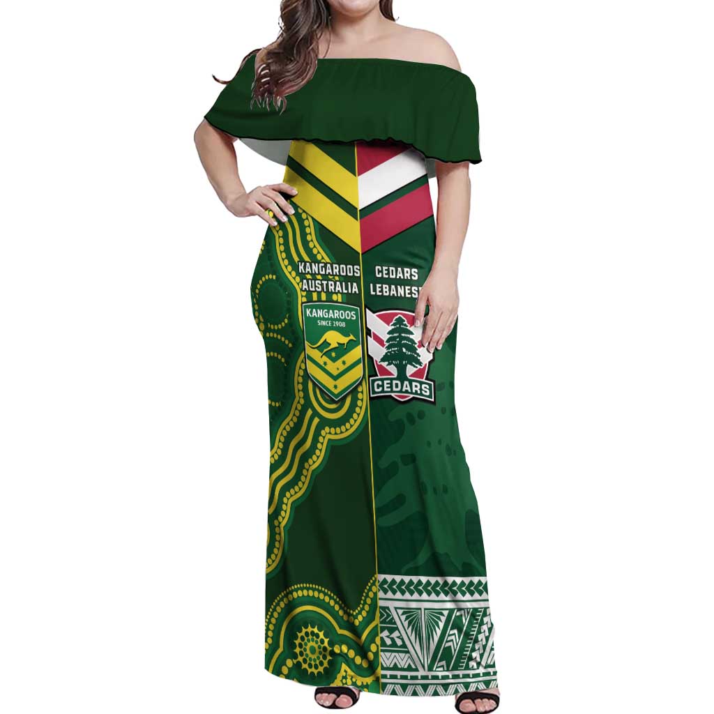 Custom Lebanon And Australia Rugby Off Shoulder Maxi Dress Aussie Kangaroos Lebanese Cedars