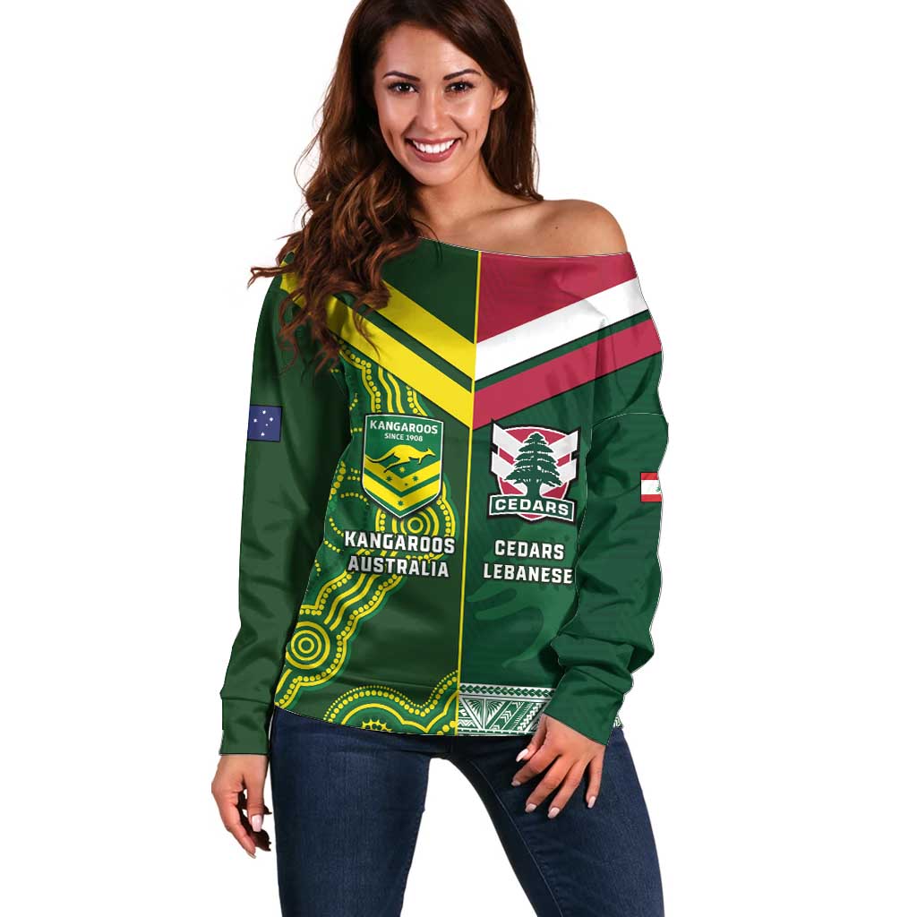Custom Lebanon And Australia Rugby Off Shoulder Sweater Aussie Kangaroos Lebanese Cedars