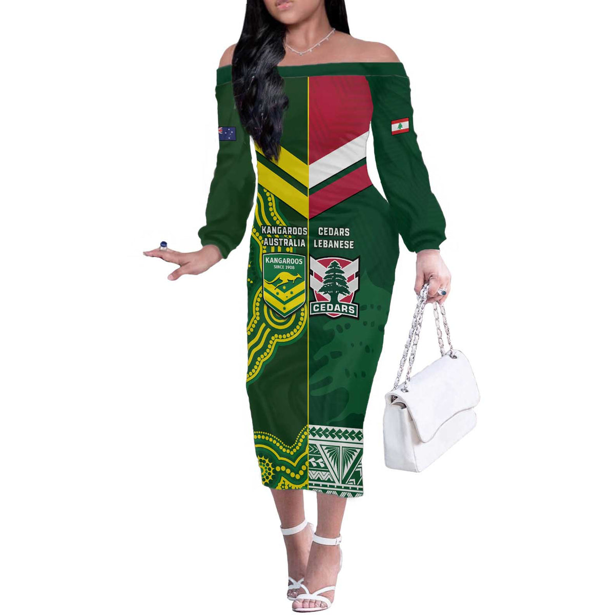 Custom Lebanon And Australia Rugby Off The Shoulder Long Sleeve Dress Aussie Kangaroos Lebanese Cedars
