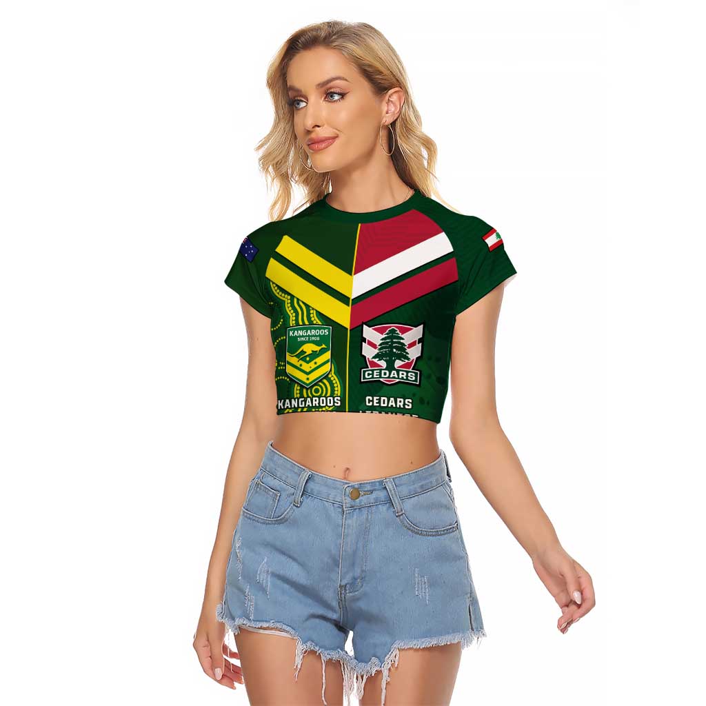 Custom Lebanon And Australia Rugby Raglan Cropped T Shirt Aussie Kangaroos Lebanese Cedars