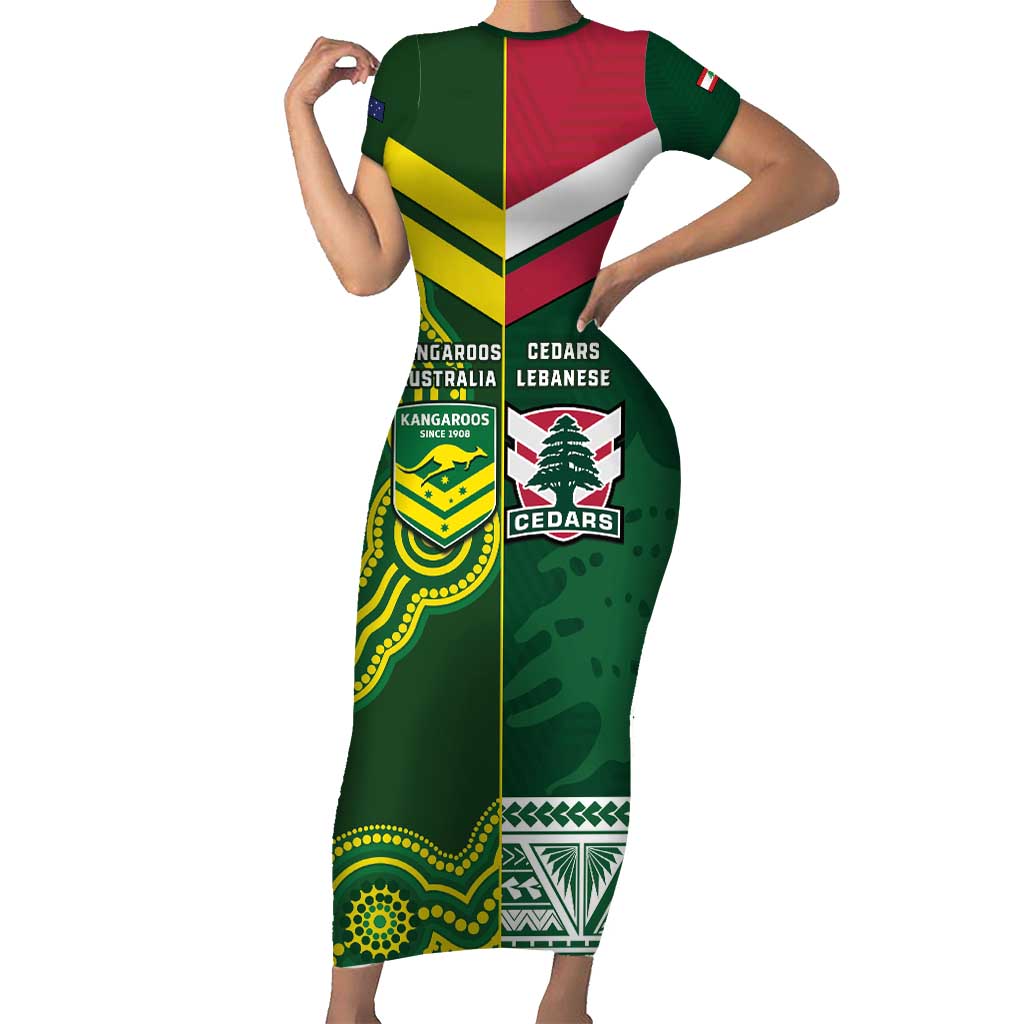 Custom Lebanon And Australia Rugby Short Sleeve Bodycon Dress Aussie Kangaroos Lebanese Cedars