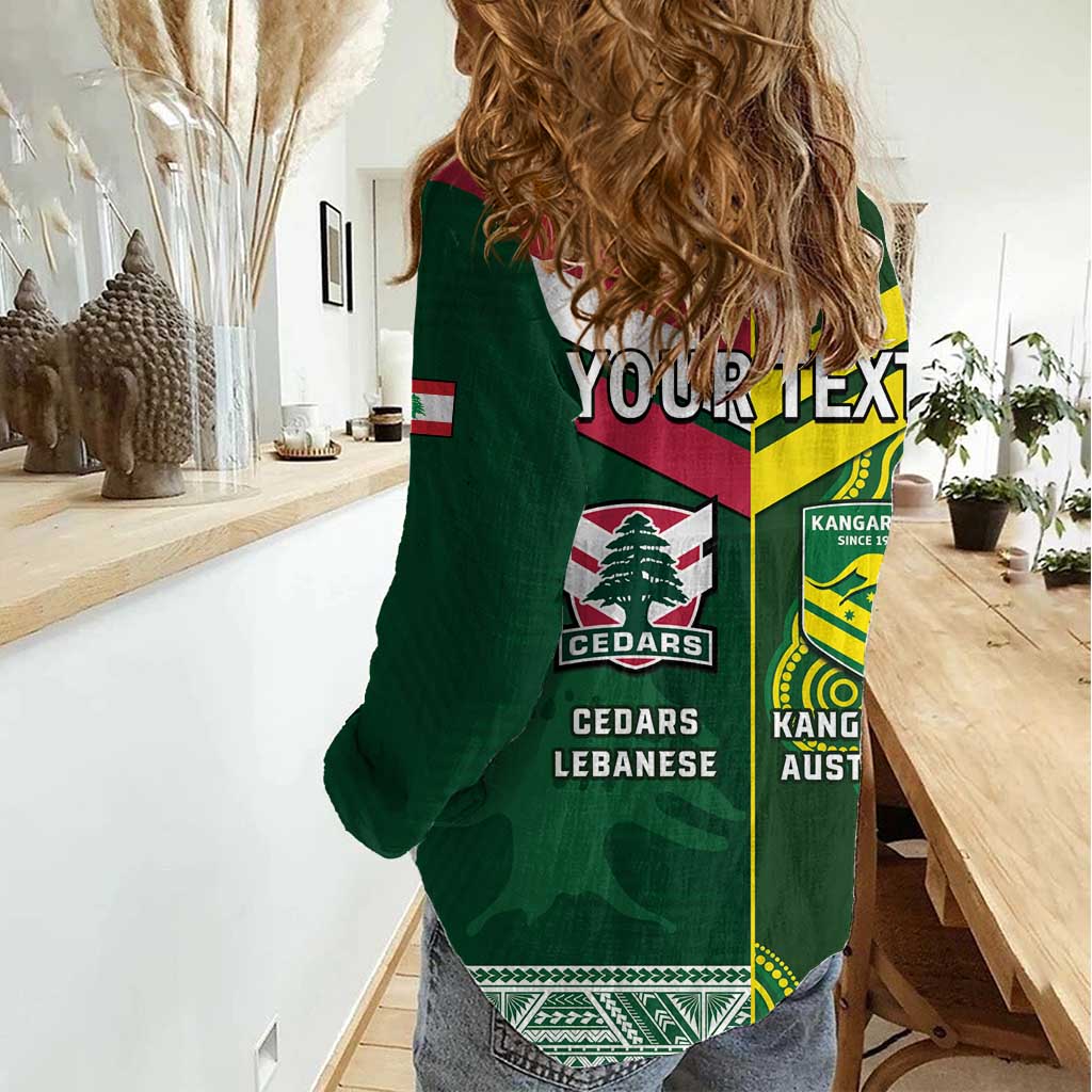 Custom Lebanon And Australia Rugby Women Casual Shirt Aussie Kangaroos Lebanese Cedars