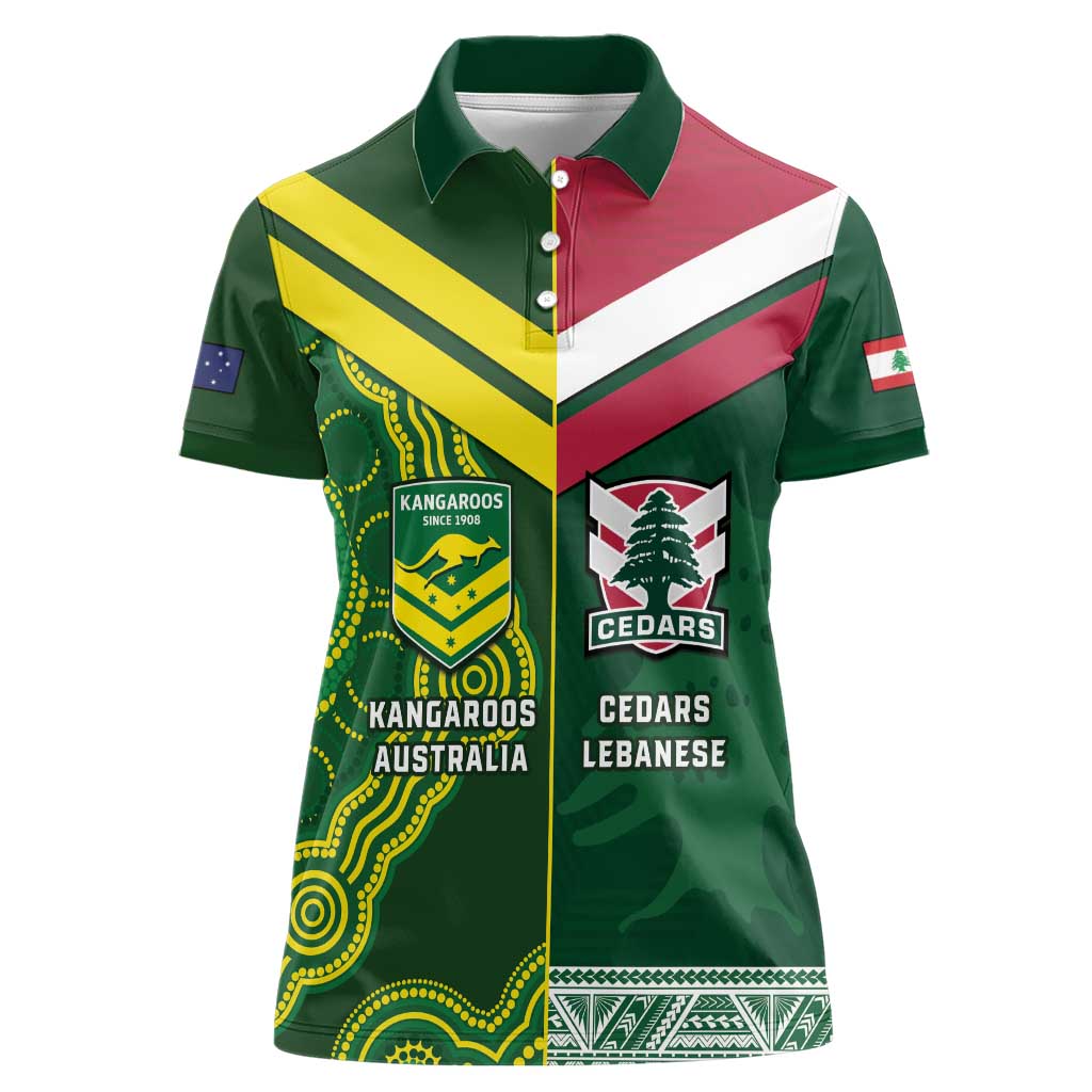 Custom Lebanon And Australia Rugby Women Polo Shirt Aussie Kangaroos Lebanese Cedars