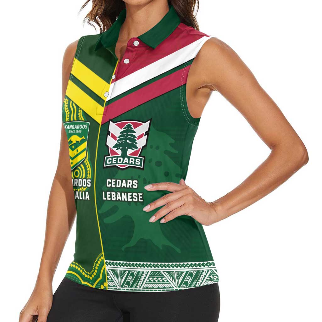 Custom Lebanon And Australia Rugby Women Sleeveless Polo Shirt Aussie Kangaroos Lebanese Cedars