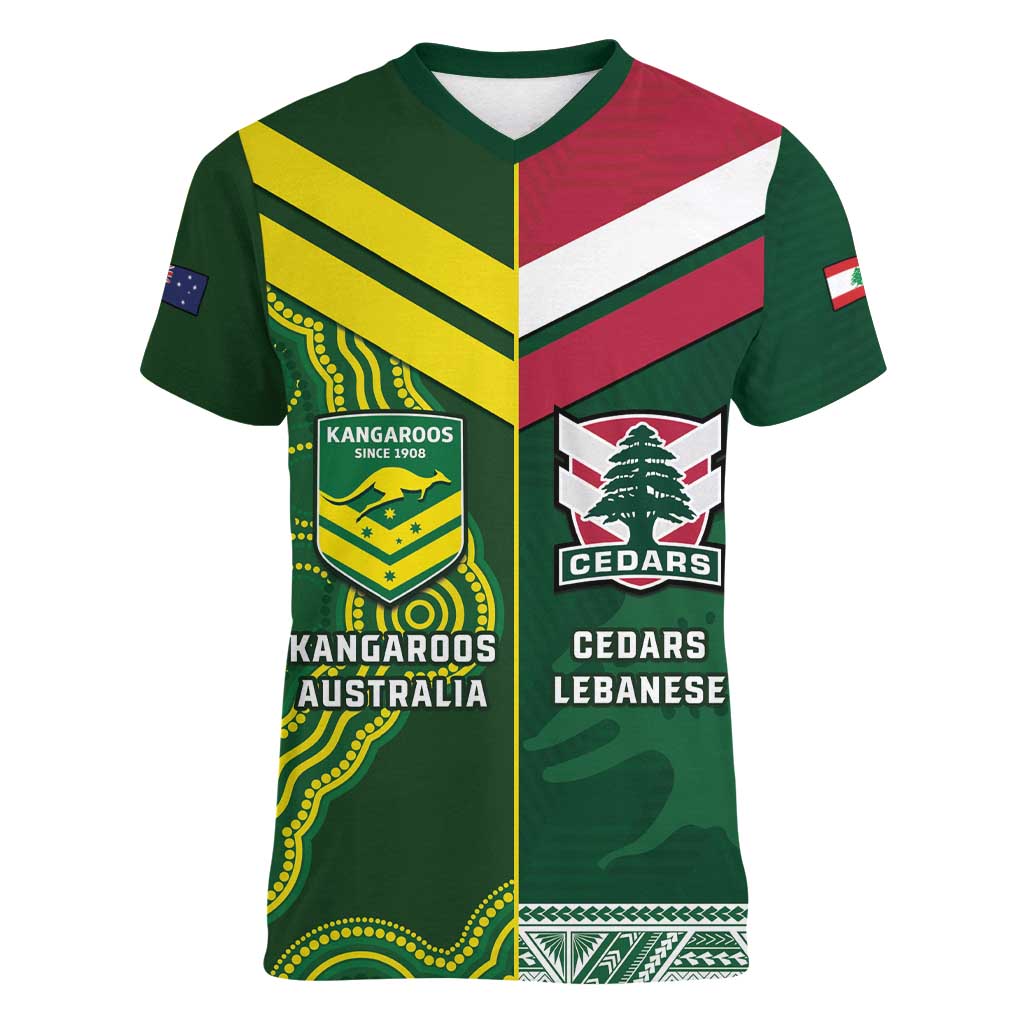 Custom Lebanon And Australia Rugby Women V-Neck T-Shirt Aussie Kangaroos Lebanese Cedars