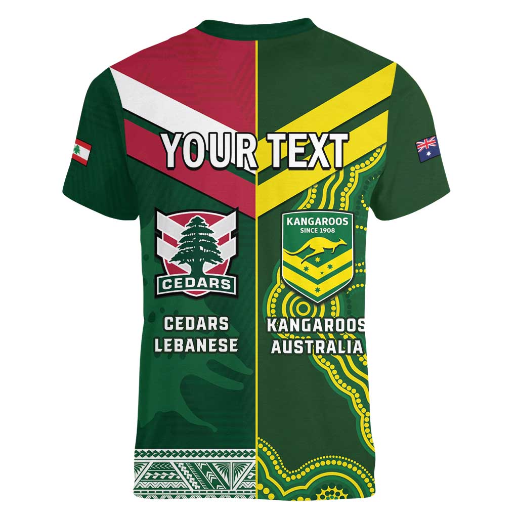 Custom Lebanon And Australia Rugby Women V-Neck T-Shirt Aussie Kangaroos Lebanese Cedars