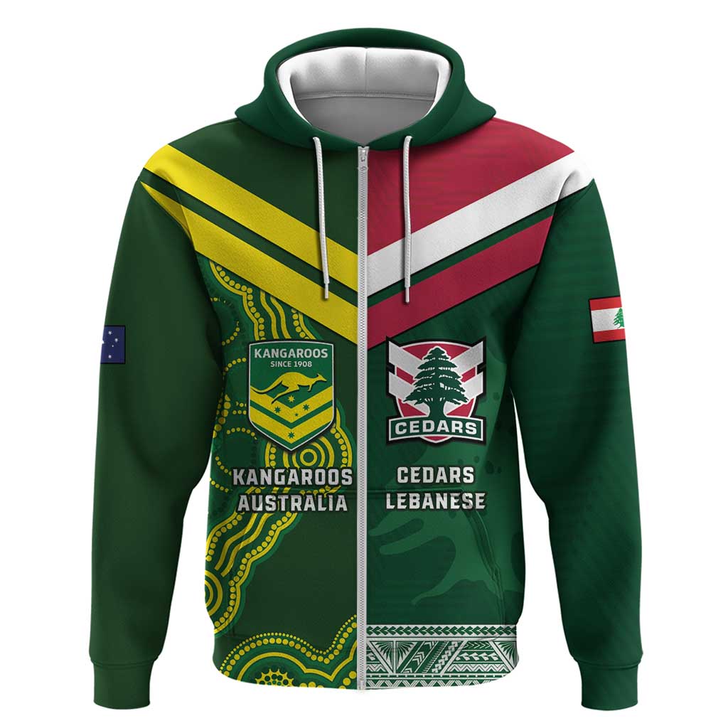 Custom Lebanon And Australia Rugby Zip Hoodie Aussie Kangaroos Lebanese Cedars