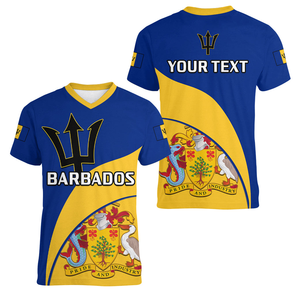 Personalised Barbados Women V Neck T Shirt Barbadian Coat Of Arms - Wonder Print Shop