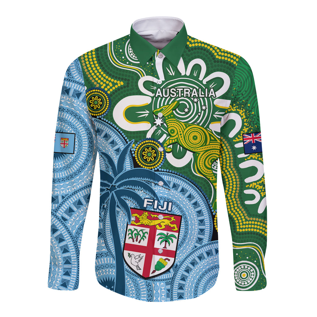 Australia And Fiji Long Sleeve Button Shirt Aboriginal Mix Fijian Tapa Unique Style - Wonder Print Shop