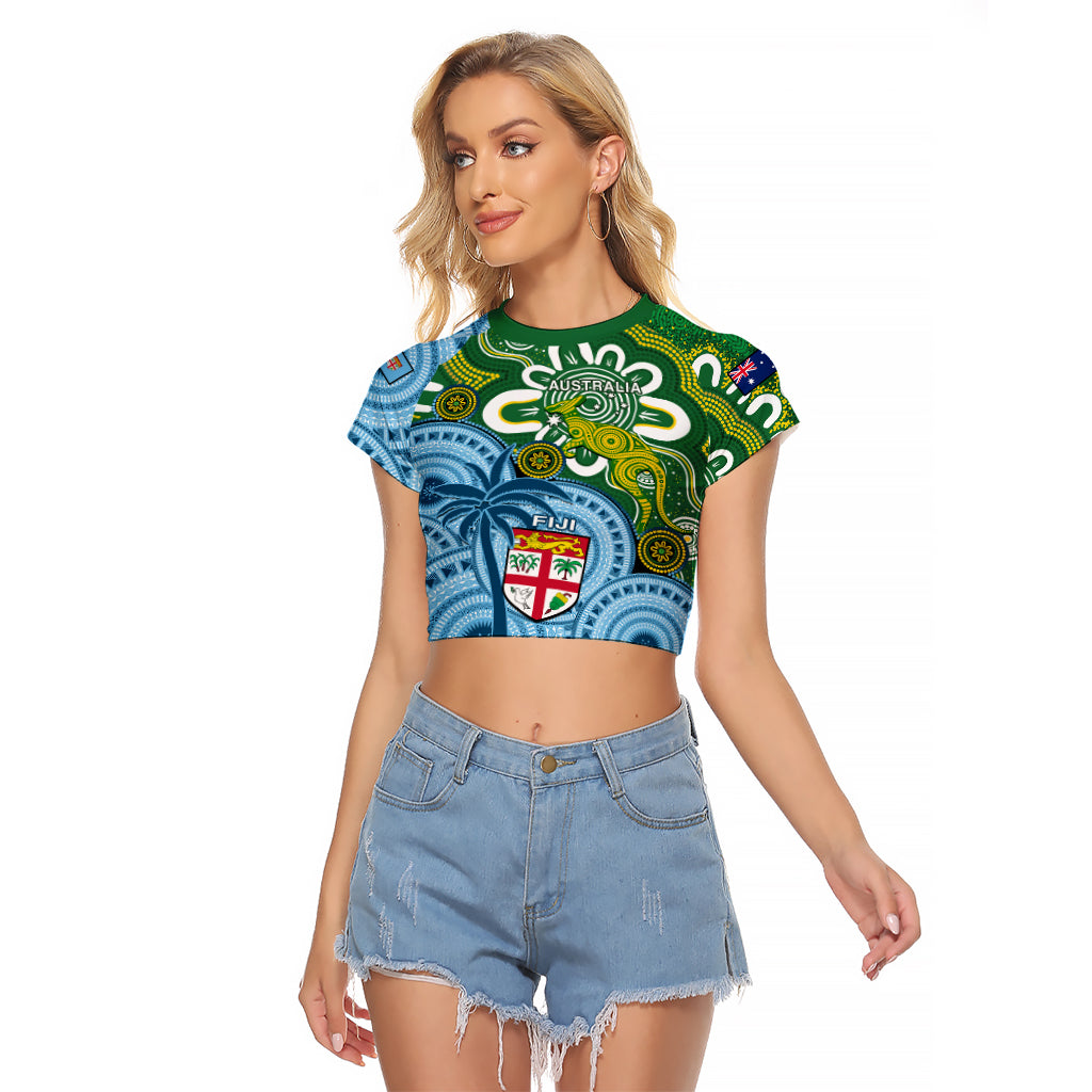 Australia And Fiji Raglan Cropped T Shirt Aboriginal Mix Fijian Tapa Unique Style - Wonder Print Shop
