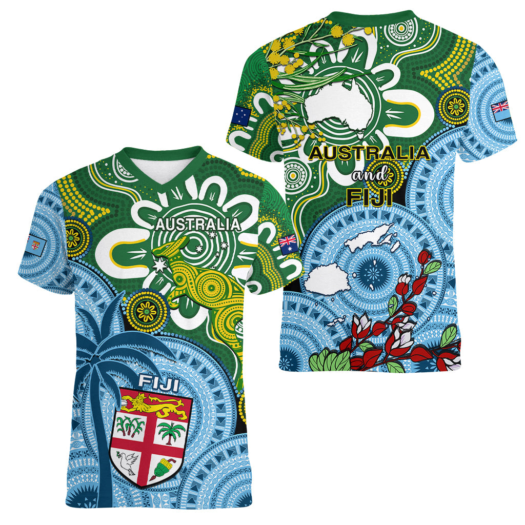 Australia And Fiji Women V Neck T Shirt Aboriginal Mix Fijian Tapa Unique Style - Wonder Print Shop