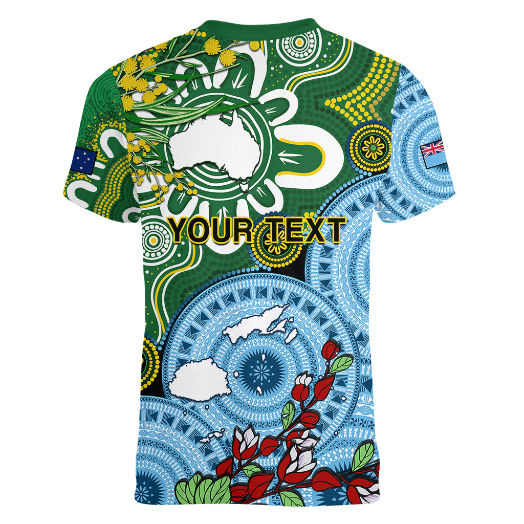 Personalised Australia And Fiji Women V Neck T Shirt Aboriginal Mix Fijian Tapa Unique Style - Wonder Print Shop