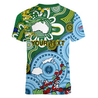 Personalised Australia And Fiji Women V Neck T Shirt Aboriginal Mix Fijian Tapa Unique Style - Wonder Print Shop