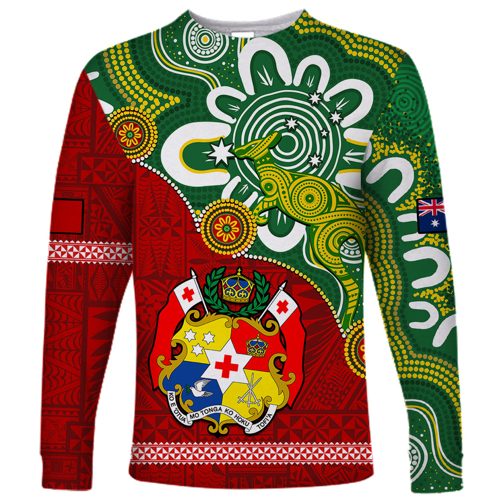 Australia And Tonga Long Sleeve Shirt Aboriginal Mix Tongan Ngatu Unique Style - Wonder Print Shop