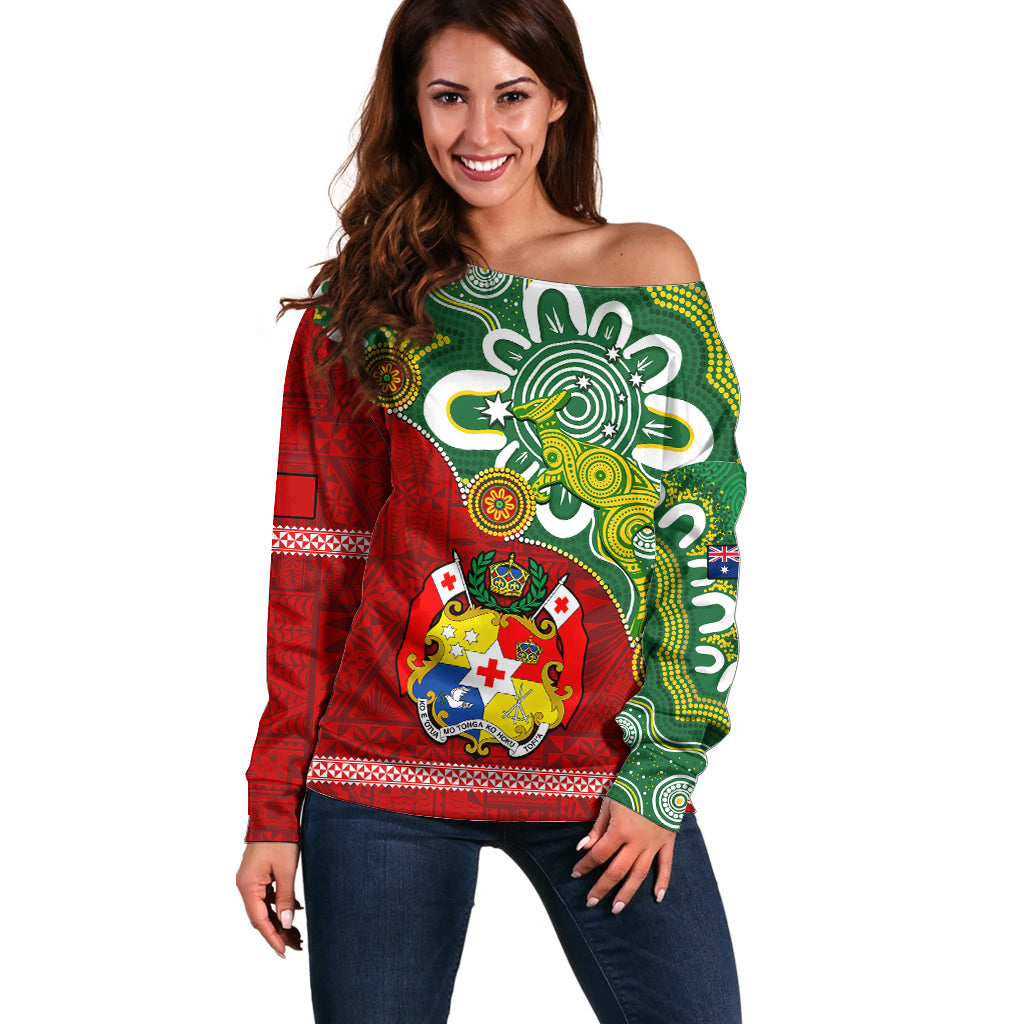 Australia And Tonga Off Shoulder Sweater Aboriginal Mix Tongan Ngatu Unique Style - Wonder Print Shop