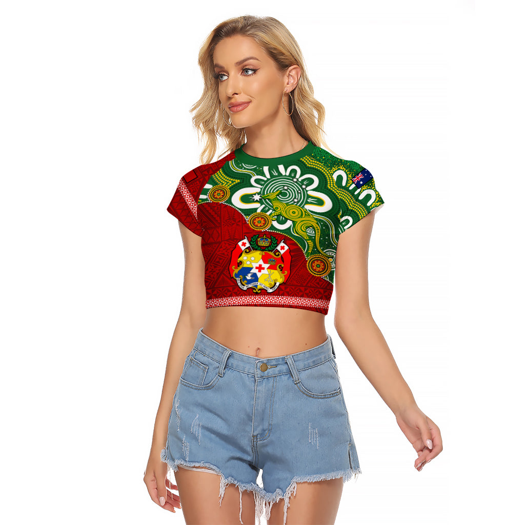 Australia And Tonga Raglan Cropped T Shirt Aboriginal Mix Tongan Ngatu Unique Style - Wonder Print Shop