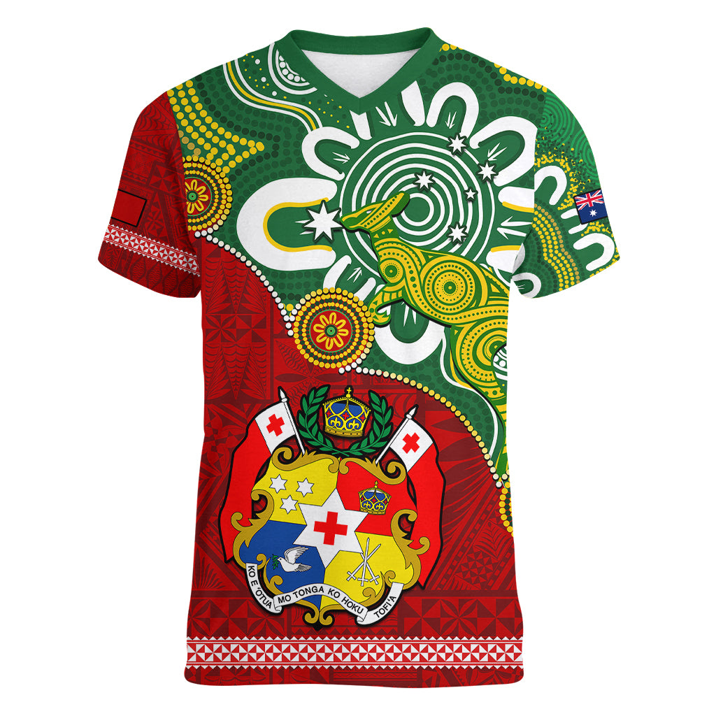 Australia And Tonga Women V Neck T Shirt Aboriginal Mix Tongan Ngatu Unique Style - Wonder Print Shop