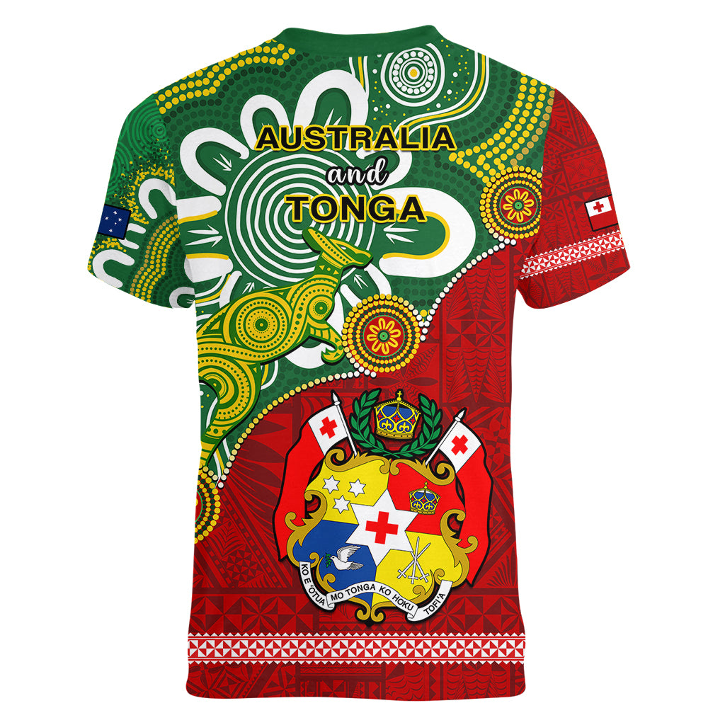 Australia And Tonga Women V Neck T Shirt Aboriginal Mix Tongan Ngatu Unique Style - Wonder Print Shop