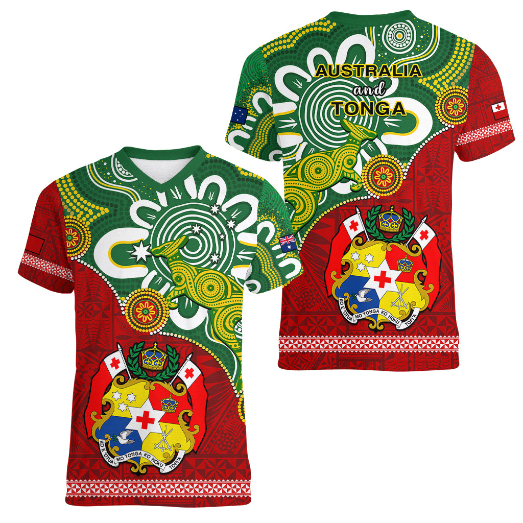 Australia And Tonga Women V Neck T Shirt Aboriginal Mix Tongan Ngatu Unique Style - Wonder Print Shop
