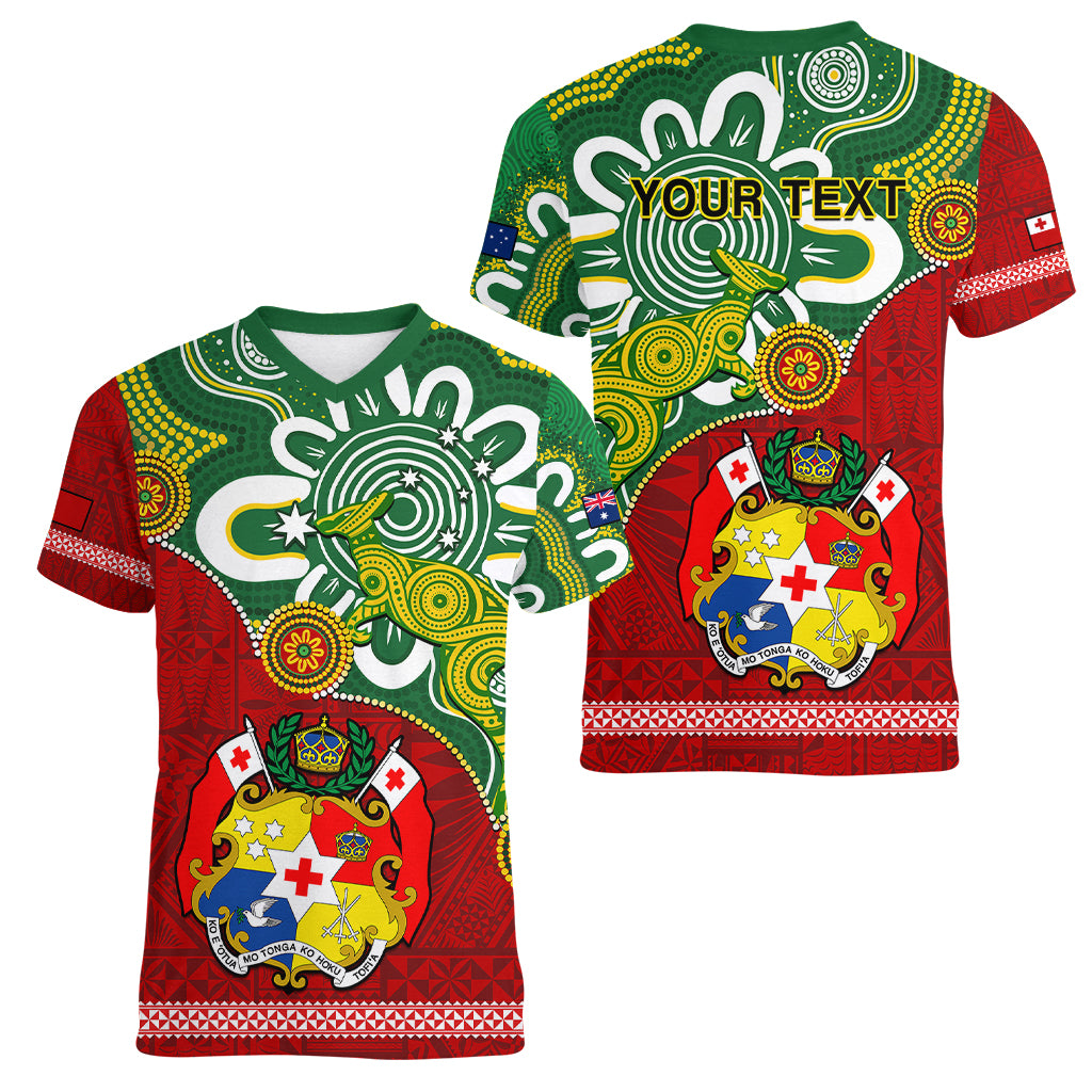 Personalised Australia And Tonga Women V Neck T Shirt Aboriginal Mix Tongan Ngatu Unique Style - Wonder Print Shop