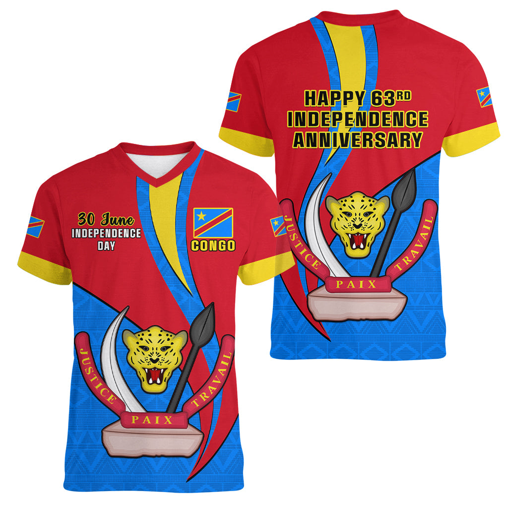 30 June Democratic Republic of the Congo Independence Day Women V Neck T Shirt Happy 63rd Anniversary - Wonder Print Shop