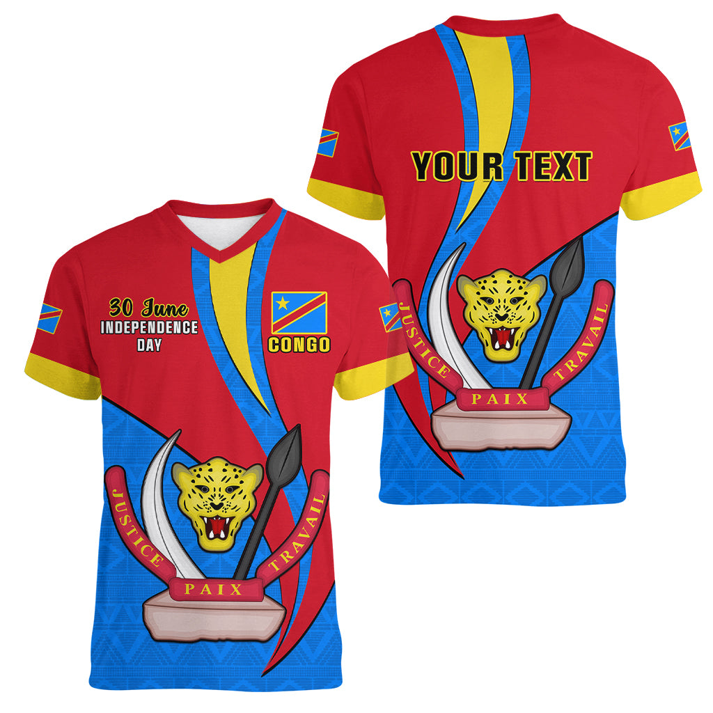 Personalised 30 June Democratic Republic of the Congo Independence Day Women V Neck T Shirt Happy 63rd Anniversary - Wonder Print Shop