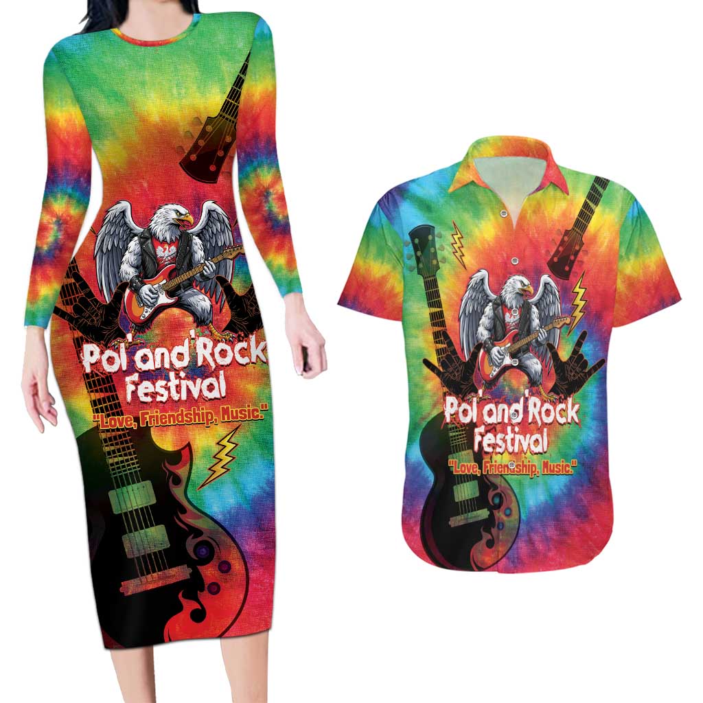 Rock Festival Poland Couples Matching Long Sleeve Bodycon Dress and Hawaiian Shirt Polska Eagle Mascot Tie Dye Vibes - Wonder Print Shop