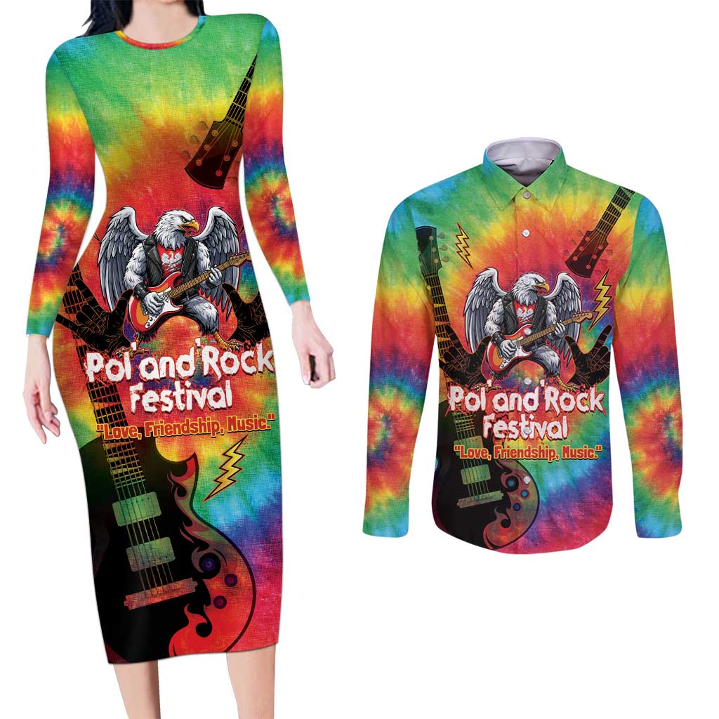 Rock Festival Poland Couples Matching Long Sleeve Bodycon Dress and Long Sleeve Button Shirt Polska Eagle Mascot Tie Dye Vibes - Wonder Print Shop