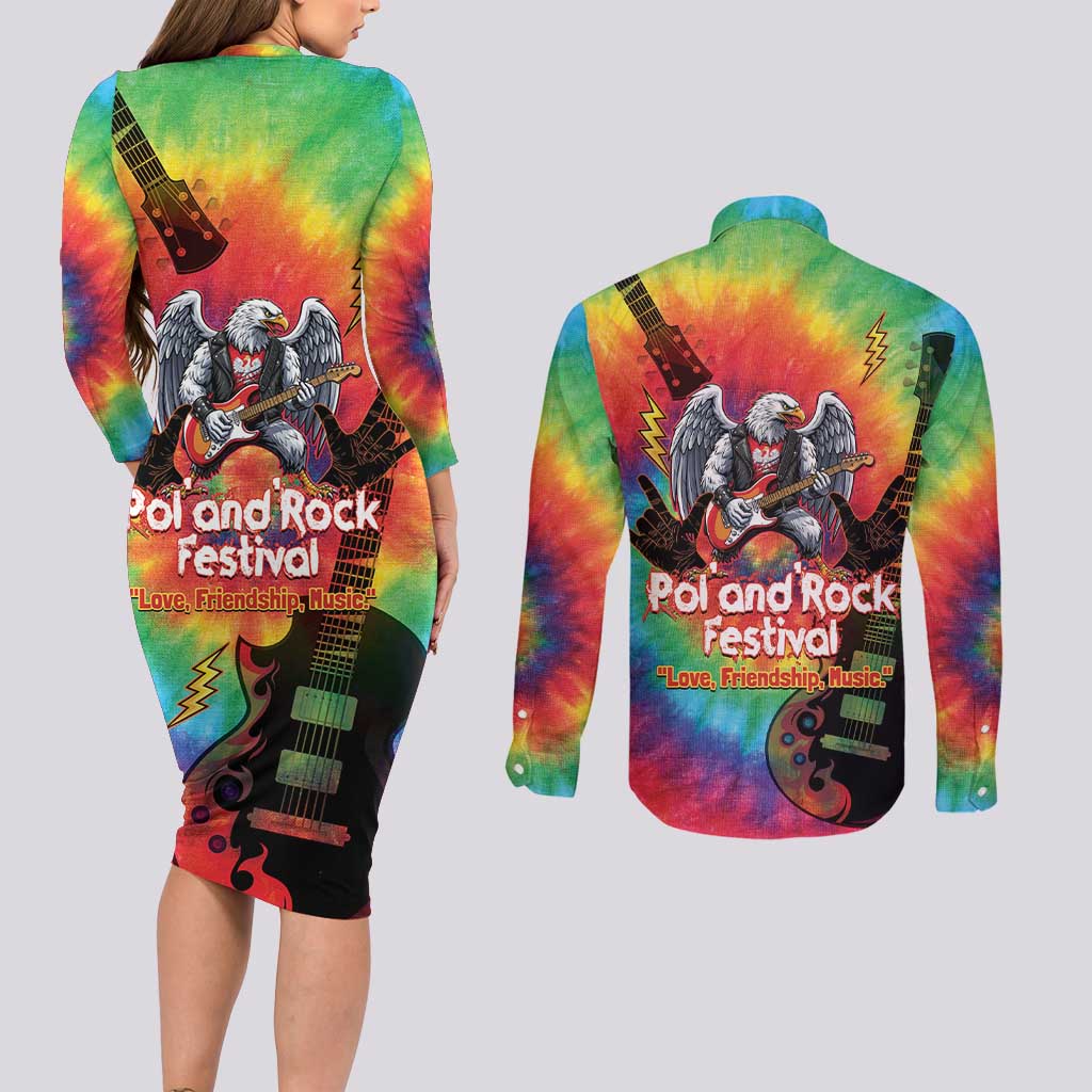 Rock Festival Poland Couples Matching Long Sleeve Bodycon Dress and Long Sleeve Button Shirt Polska Eagle Mascot Tie Dye Vibes - Wonder Print Shop