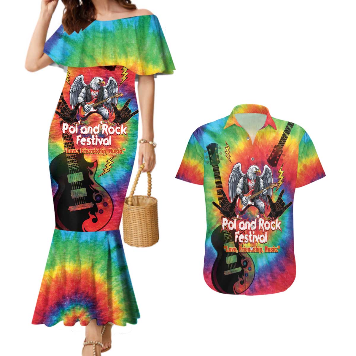 Rock Festival Poland Couples Matching Mermaid Dress and Hawaiian Shirt Polska Eagle Mascot Tie Dye Vibes - Wonder Print Shop