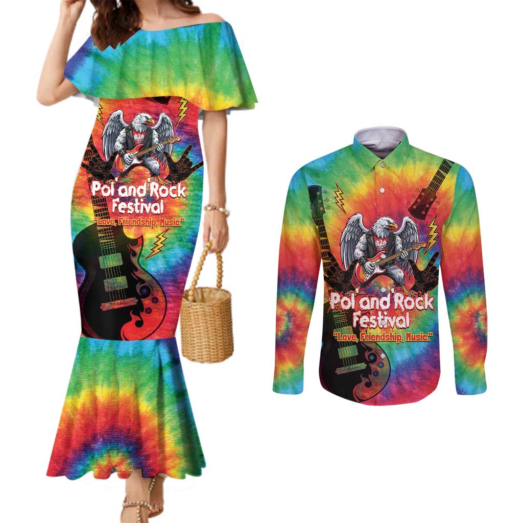 Rock Festival Poland Couples Matching Mermaid Dress and Long Sleeve Button Shirt Polska Eagle Mascot Tie Dye Vibes - Wonder Print Shop