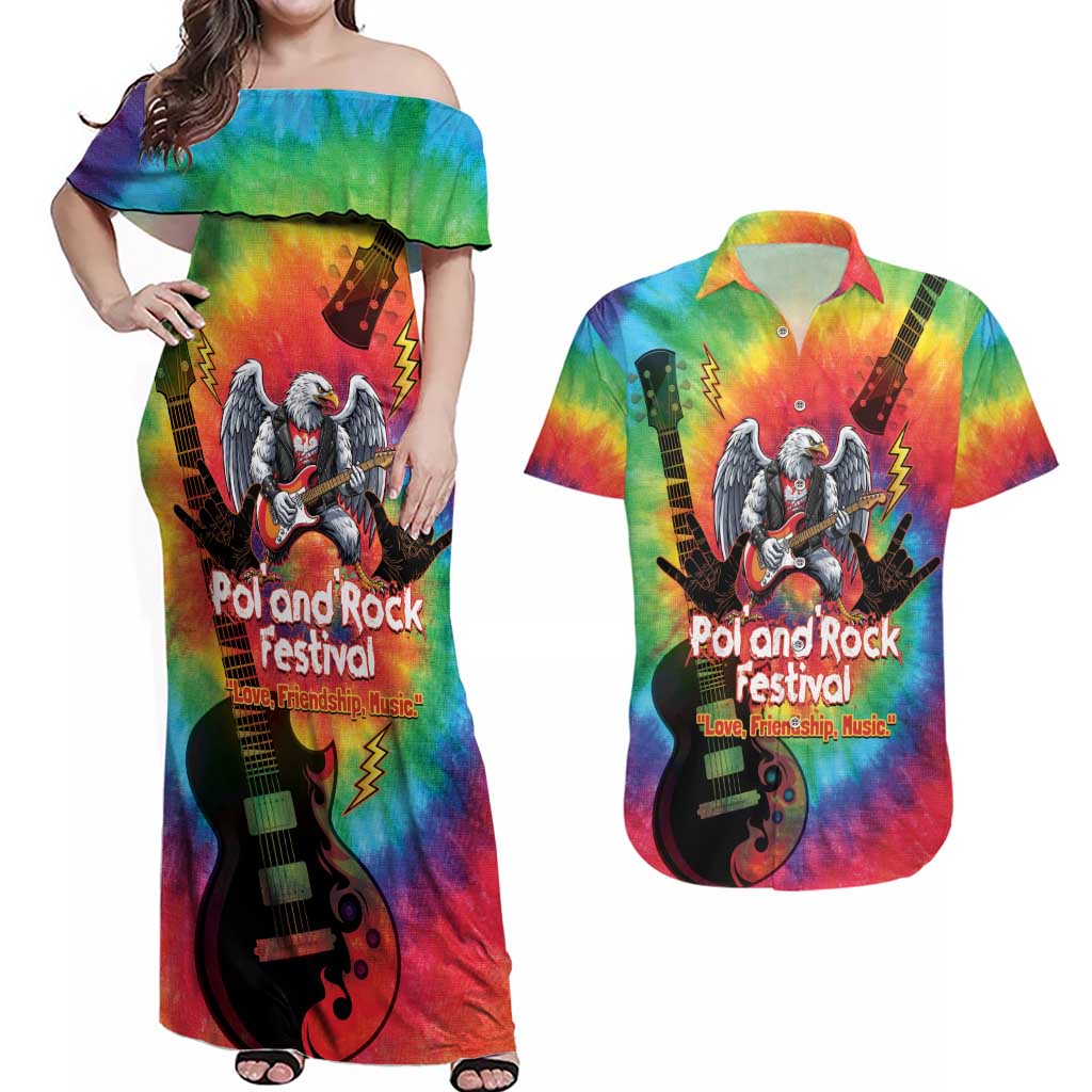 Rock Festival Poland Couples Matching Off Shoulder Maxi Dress and Hawaiian Shirt Polska Eagle Mascot Tie Dye Vibes - Wonder Print Shop