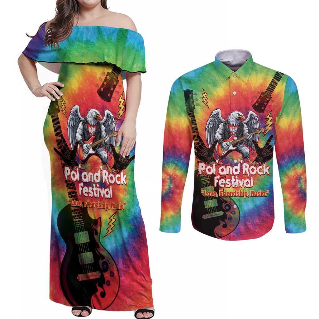 Rock Festival Poland Couples Matching Off Shoulder Maxi Dress and Long Sleeve Button Shirt Polska Eagle Mascot Tie Dye Vibes - Wonder Print Shop
