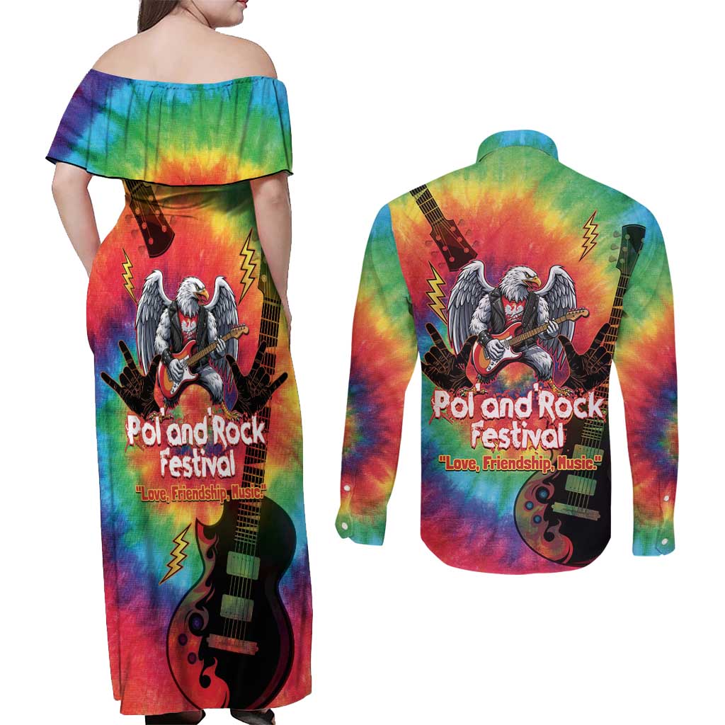 Rock Festival Poland Couples Matching Off Shoulder Maxi Dress and Long Sleeve Button Shirt Polska Eagle Mascot Tie Dye Vibes - Wonder Print Shop