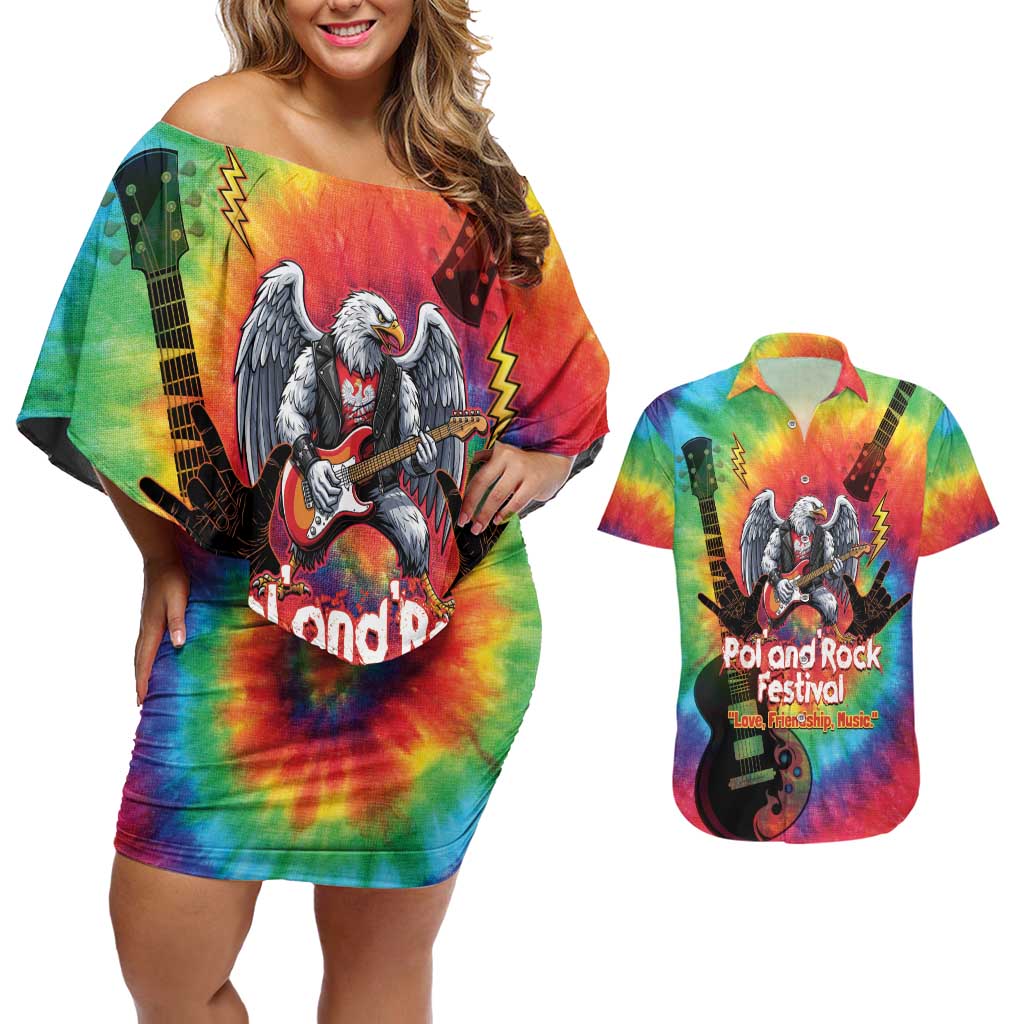 Rock Festival Poland Couples Matching Off Shoulder Short Dress and Hawaiian Shirt Polska Eagle Mascot Tie Dye Vibes - Wonder Print Shop